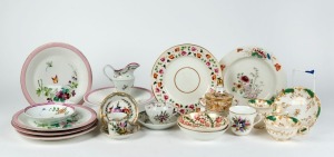 Assorted antique English porcelain plates, dishes, compote and lidded sugar basin, including Bow, Derby and Chelsea, 18th and 19th century, (21 items), the largest plate 22cm diameter