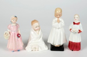 ROYAL DOULTON group of four English porcelain figures comprising "Bedtime" (HN 1978), "Tinkle Bell" (HN 1677), "Choir Boy" (HN 2141), and "This Little Pig" (2125), the largest 14.5cm high