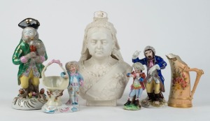 Bisque Queen Victoria statue A/F, Dresden "Monkey Band" statue, Chinese copy "Monkey Band" statue, Royal Worcester jug A/F, and two German porcelain statues, 19th and 20th century, (6 items), ​​​​​​​the bust 24cm high