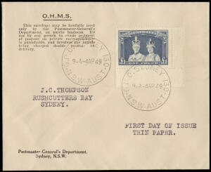 1949 (Apr.4) &pound;1 Robes, THIN PAPER, on an O.H.M.S., Postmaster-General's Department, / Sydney, N.S.W. cover, probably prepared by and addressed to the well known Sydney collector J.C. Thompson. Tied by a G.P.O. Sydney NSW cds and annotated "FIRST DAY OF IS