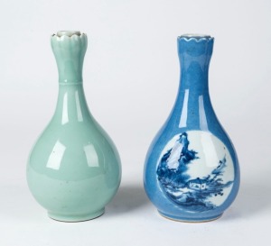 Two Chinese porcelain bottle vases with lotus tops, one glazed in blue and white with landscape scene, the other in celadon, 20th century, both bearing Yongzheng marks, ​​​​​​​22cm high