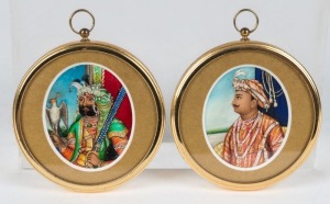 A pair of Indian portrait miniatures on ivory in later frames, 19th/20th century, 5.5 x 4cm, 7.5cm diameter