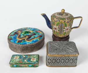 Chinese cloisonne teapot on stand, circular dragon box, enamel snuff box and a metal trinket box, 19th/20th century, (4 items), the teapot 9.5cm high overall