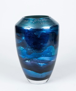 A modern blue art glass vase, signed "D.E.", ​​​​​​​24.5cm high
