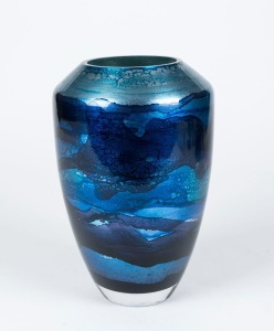 A modern blue art glass vase, signed "D.E.", 24.5cm high