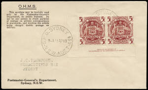 1949 (Apr.11) 5/- Arms imprint pair on an O.H.M.S., Postmaster-General's Department, / Sydney, N.S.W. cover, probably prepared by and addressed to the well known Sydney collector J.C. Thompson. Tied by a G.P.O. Sydney NSW cds.