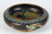&nbsp;A Chinese cloisonne dragon bowl with four character seal mark to base on a carved timber stand (stand A/F), 19th/20th century, the bowl 6.5cm high, 20.5cm diameter, 17cm high overall - 3