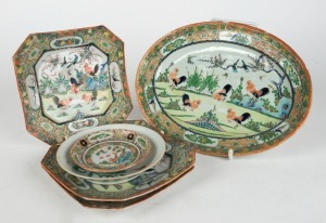 An antique Chinese porcelain dish together with five assorted Canton export ware porcelain dishes, 19th and 20th century, the largest 31cm wide