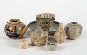 HOI AN HOARD Vietnamese blue and white porcelain teacups, water dropper, dish, circular box and four assorted vessels, late 15th early 16th century, (9 items), five of the pieces bearing "Hoi An Hoard" labels, the dish 12cm diameter