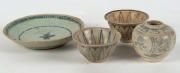 HOI AN HOARD Vietnamese blue and white porcelain teacups, water dropper, dish, circular box and four assorted vessels, late 15th early 16th century, (9 items), five of the pieces bearing "Hoi An Hoard" labels, the dish 12cm diameter - 3
