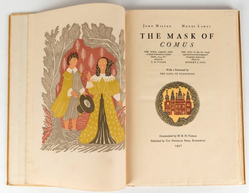 MILTON, John and Henry LAWES "The Mask Of Comus", [Published by The Nonesuch Press, Bloomsbury, 1937], hardcover with embossed cream boards, limited edition 59/950 copies