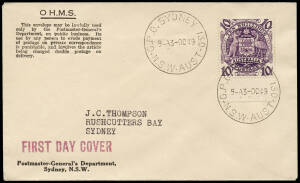 1949 (Oct.3) 10/- Arms on an O.H.M.S., Postmaster-General's Department, / Sydney, N.S.W. cover, probably prepared by and addressed to the well known Sydney collector J.C. Thompson. Tied by a G.P.O. Sydney NSW cds and with a red "FIRST DAY COVER" handstamp
