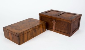 Two antique boxes, one made from oak and copper in the Arts & Crafts style; the other from veneers of walnut, 19th and early 20th century, the larger 11cm high, 25cm wide, 15cm deep