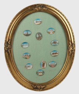 Set of 12 antique Indian miniatures, housed in a single oval gilt frame, 19th century, ​​​​​​​each miniature 3 x 4cm, frame 42 x 34cm