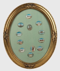 Set of 12 antique Indian miniatures, housed in a single oval gilt frame, 19th century, each miniature 3 x 4cm, frame 42 x 34cm