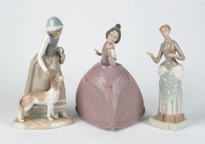 LLADRO Spanish porcelain statue of a young lady in a pink dress; together with two NAO Spanish porcelain statues, 20th century, (3 items), the Lladro 27cm high