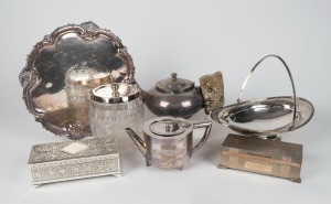 A sterling silver jewellery box, assorted silver plated ware including a ROBUR teapot and a CHRISTOPHER DRESSER style teapot, 19th and 20th century, (7 items)