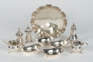 Assorted sterling silver condiments, spoons, tray etc, (14 items), the tray 15cm wide, 396 grams