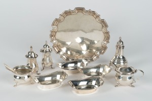 Assorted sterling silver condiments, spoons, tray etc, (14 items), ​​​​​​​the tray 15cm wide, 396 grams