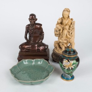 Chinese bronze seated statue, carved composite statue, cloisonne vase and a celadon dish, 20th century, (4 items), ​​​​​​​the bronze statue 19cm high