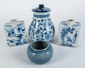 A Chinese moulded blue porcelain vase, Republic period, with Kangxi mark; together with a pair of Chinese blue and white porcelain tea caddies and a lidded vase, (4 items), the largest 22cm high