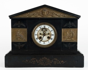 An antique French slate cased mantel clock with Palladian top, eight day time and strike movement with open escapement, 19th century, ​​​​​​​30cm high