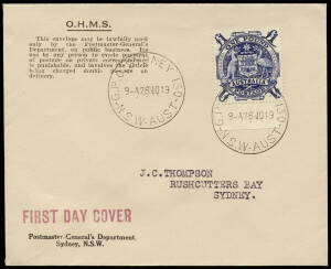 1949 (Nov.28) &pound;1 Arms on an O.H.M.S., Postmaster-General's Department, / Sydney, N.S.W. cover, probably prepared by and addressed to the well known Sydney collector J.C. Thompson. Tied by a G.P.O. Sydney NSW cds and with a red "FIRST DAY COVER" handstamp.