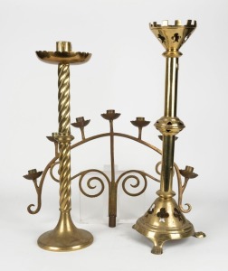 Two brass church candlesticks, together with a seven branch candelabra top, 19th/.20th century, (3 items), the largest 60cm high