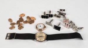 Three pairs of antique 9ct rose gold cufflinks A/F (11.7 grams total), five pairs of white metal cufflinks, a vintage 9ct gold cased wristwatch and a Roamer vintage wristwatch, (10 items)