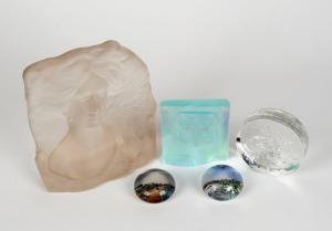 Two antique glass paperweights titled "West Cowes" and "Sandown From The Beach", two glass ornaments and a modern glass paperweight, 19th and 20th century, (5 items), the largest 16cm high