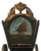 A Dutch folk art carved wood and iron toy cart, beautifully painted with ship portrait of the ZEEHOND (Sea Hound), dated 1781 and town scenes on the sides, 18th century, 30cm high, 39cm long, 18cm wide - 5