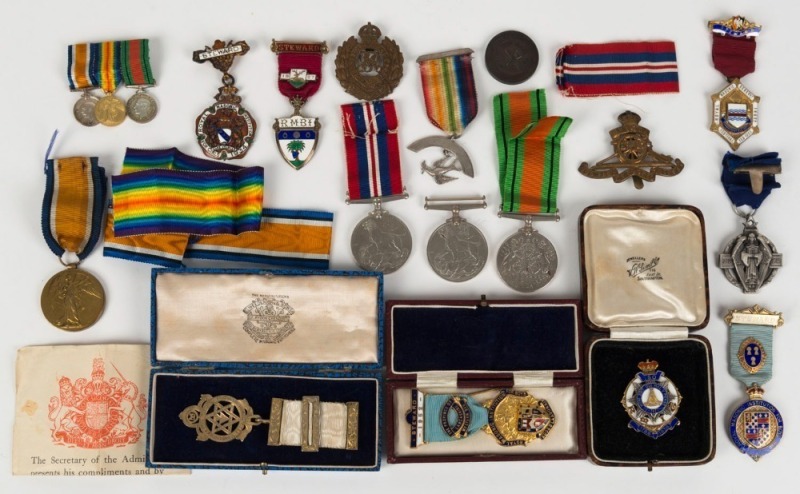 MILITARY & MASONIC MEDALS, badges etc, including some fine silver and enamel examples, (18 items)