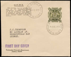 1950 (Jan.16) &pound;2 Arms on an O.H.M.S., Postmaster-General's Department, / Sydney, N.S.W. cover, probably prepared by and addressed to the well known Sydney collector J.C. Thompson. Tied by a G.P.O. Sydney NSW cds and with a violet "FIRST DAY COVER" handsta