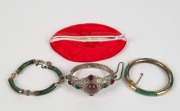 Three Chinese bangles, silver gilt and jade, early to 20th century,&nbsp;