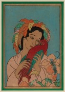 PAUL JACOULET (1896-1960), I.) Orchidees Blanches. Jaiuit, II.) La Cruche: Mongolie, III.) (Japanese lady), IV.) (the parrot), woodblock prints, signed and titled in plate, each 15 x 10cm, 28 x 23cm overall - 3