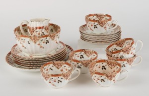 Antique English porcelain tea set comprising six teacup, saucer, plate sets, a milk jug, sugar basin and cake plate, 19th century, (21 items), the plate 21cm diameter