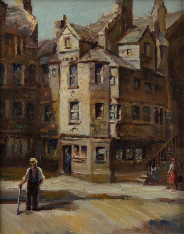 A.S. THOMAS, (Edinburgh street scene), oil on canvas board, signed lower right "A.S. Thomas", ​​​​​​​30 x 24cm, 53 x 46cm overall