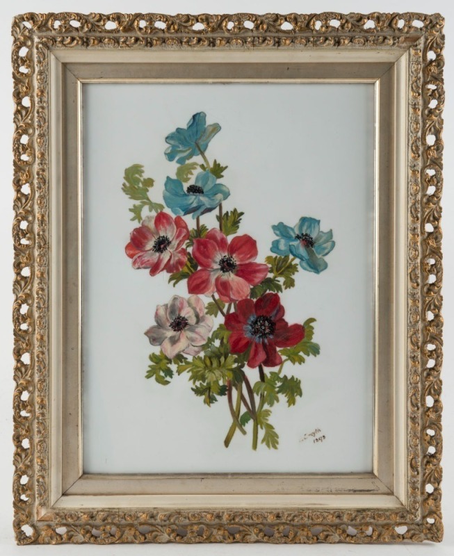 E. SMYTH (19th century), ​​​​​​​(floral display), oil on milk glass, signed and dated lower right "E. Smyth, 1895", 39 x 29cm, 53 x 43cm overall