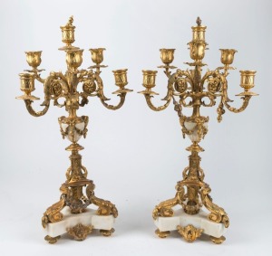 A pair of antique French candelabra, gilt bronze and white marble, 19th century, ​​​​​​​57cm high