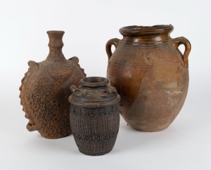 Three African pottery storage vessels including Moroccan and East African origin, the largest 31cm high