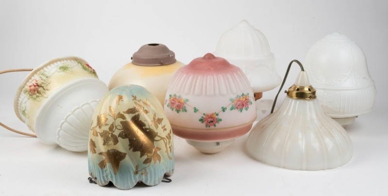 Seven assorted glass and ceramic hanging light shades and fittings, early to mid 20th century, ​​​​​​​24cm high