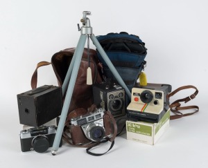 Assorted vintage cameras including Kodak Box Brownie, Polaroid, Olympus Pen, Kodak, tripod, etc, (7 items)