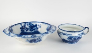 An antique English blue and white porcelain wash basin and matching chamber pot, 19th century, (2 items), the basin 46cm wide