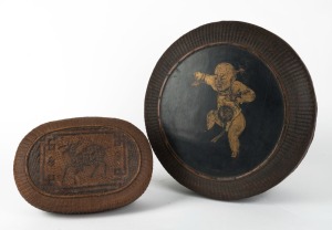 Two woven rattan and lacquered boxes, 20th century, the larger 16cm high, 36cm diameter