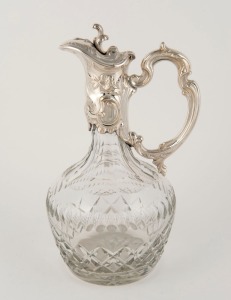An English cut crystal claret jug with silver plated mounts in the Rococo style, 20th century, 28cm high