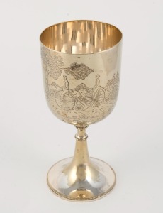 An antique English silver plated goblet engraved with PENNY FARTHING cycling scene, 19th century, 16.5cm high
