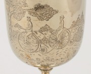 An antique English silver plated goblet engraved with PENNY FARTHING cycling scene, 19th century, ​​​​​​​16.5cm high - 2