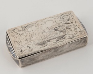 A Russian silver snuff box with engraved city scene top with remains of niello decoration, Moscow, circa 1840, 10cm wide, 97 grams
