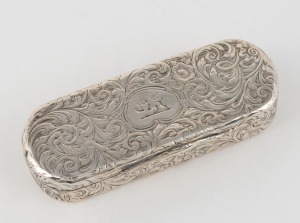 NATHANIEL MILLS antique English sterling silver snuff box with engraved decoration, circa 1840s, 9cm wide, 68 grams