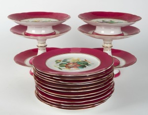 An antique English porcelain dessert service with hand-painted floral vignettes and burgundy borders, comprising six compotes and 12 plates, 19th century, (18 items), the plates 22.5cm diameter